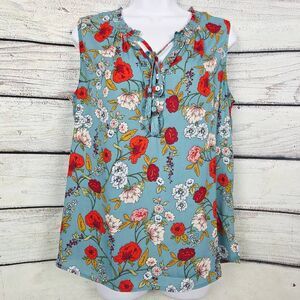 Pale Sky Blue Floral Sleeveless Tassel Blouse Medium